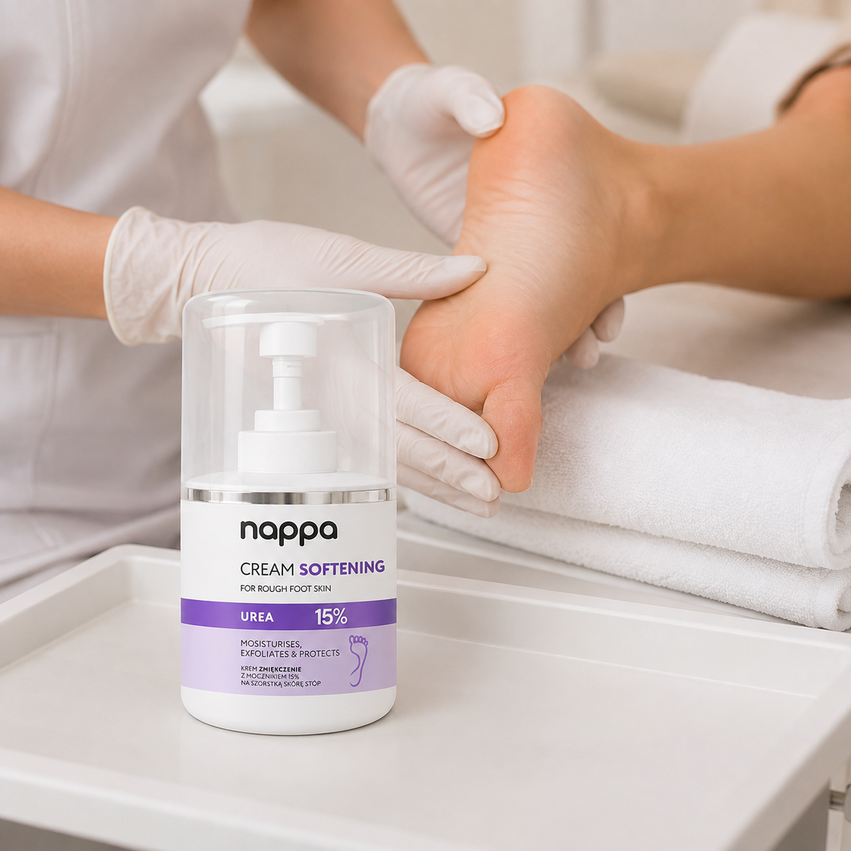 Nappa creme Urea 15% 250 ml num ambiente de cuidado profissional dos pés