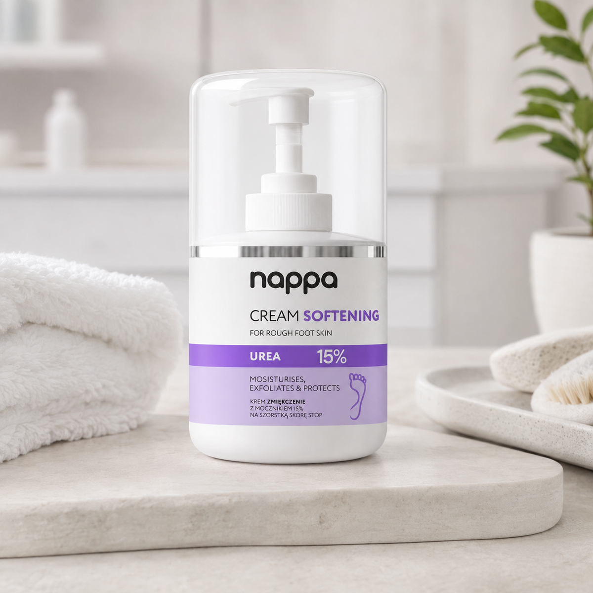 Nappa creme de pés Urea 15% 250 ml apresentado num cenário de pedicure profissional
