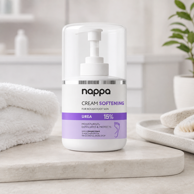Nappa creme de pés Urea 15% 250 ml apresentado num cenário de pedicure profissional
