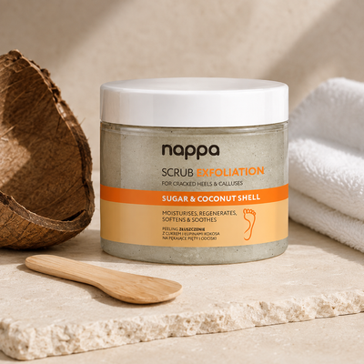 Nappa esfoliante de pés Açúcar e Coco 350 ml apresentado em cenário de pedicure