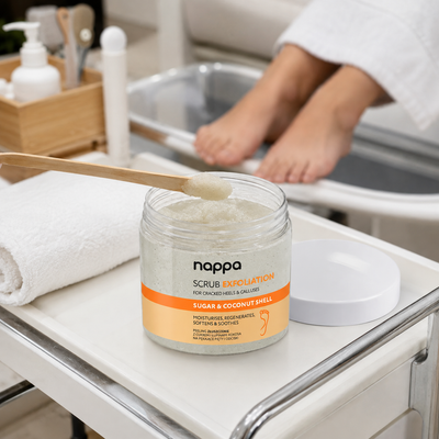 Nappa esfoliante Açúcar e Coco 350 ml aberto num ambiente profissional de pedicure