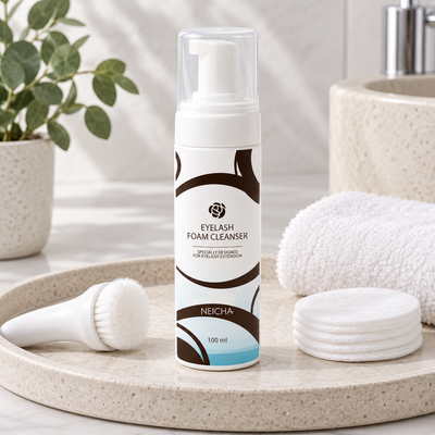 Espuma de limpeza para pestanas Neicha de 100 ml numa bandeja de higiene profissional