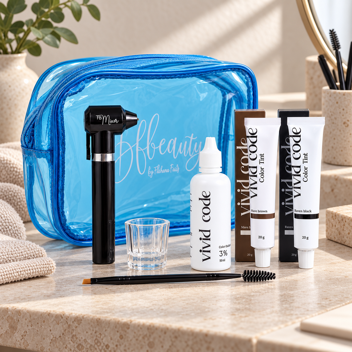 Kit Vivid Code Avançado com bolsa azul e misturador preto numa estação profissional