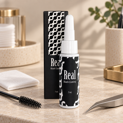 Real Black Coating Neicha de 7 ml com a respetiva caixa numa estação profissional