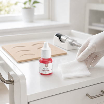 Nuance Pigmento Orgânico Lotus 8 ml — frasco fechado num carrinho de treino enquanto se prepara gaze esterilizada; SKU NO53031
