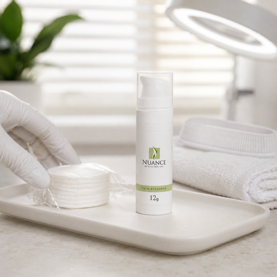 Nuance Skin Finisher 12 g — frasco fechado num posto de cuidados posteriores com discos de algodão e toalha; SKU CO40508