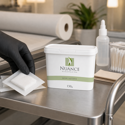 Nuance Skin Slider 150 g — embalagem fechada num carrinho profissional enquanto se organiza gaze esterilizada; SKU CO40507