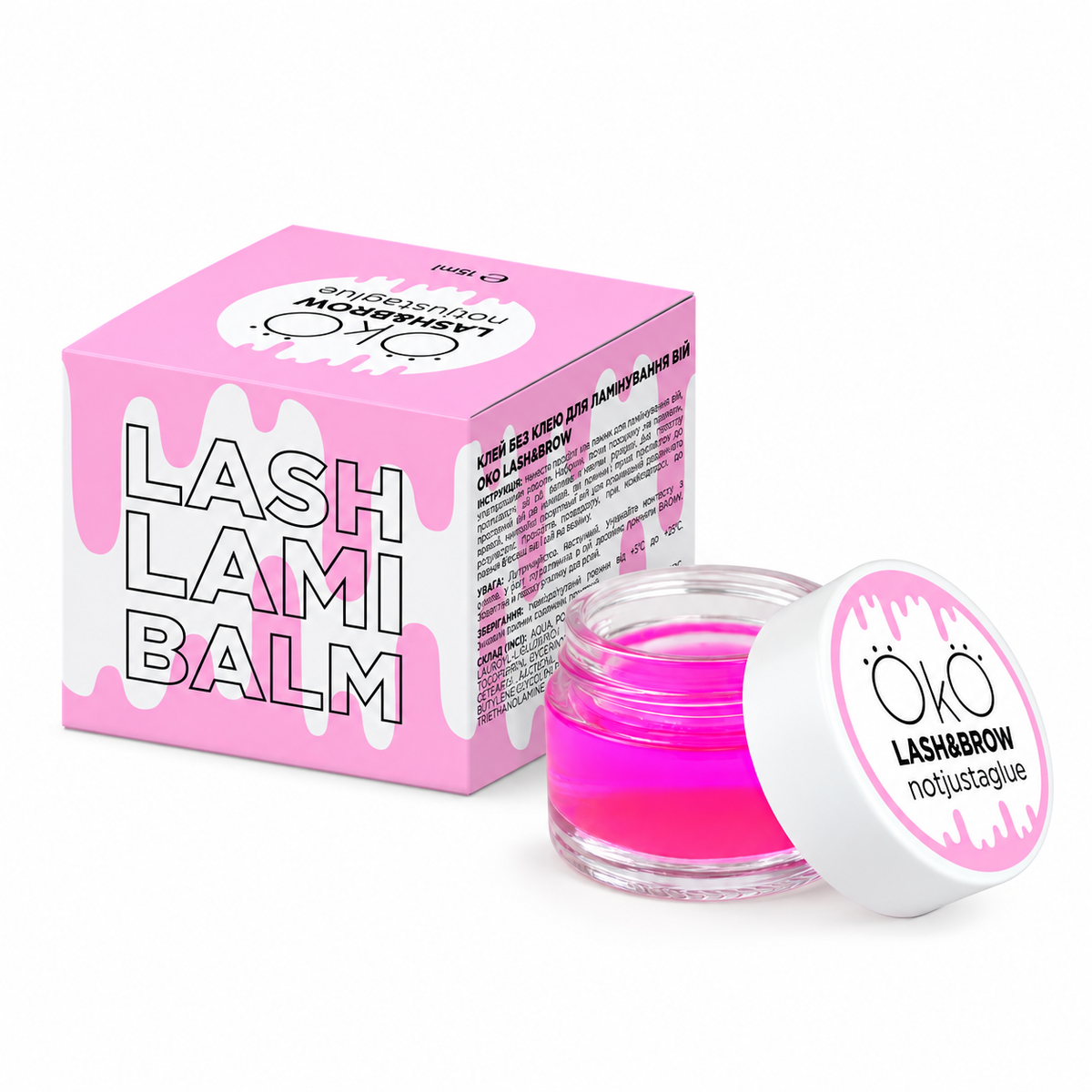 OKO Bálsamo para Lifting de Pestanas Lash Lami Balm — produto e embalagem apresentados em conjunto em fotografia melhorada para ecommerce