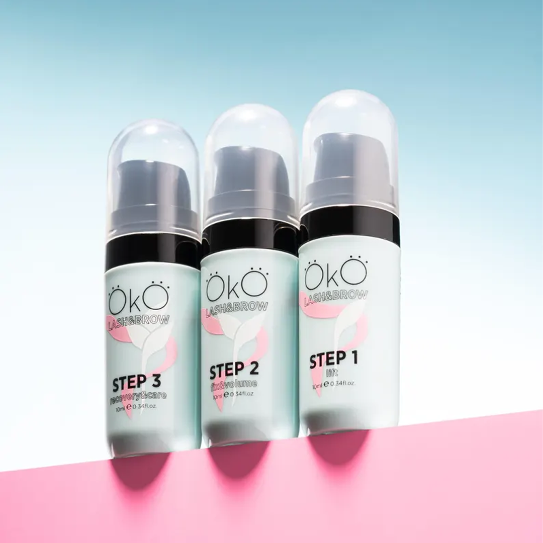 OKO Individuais Lash&Brow 10ml — frascos num ambiente profissional