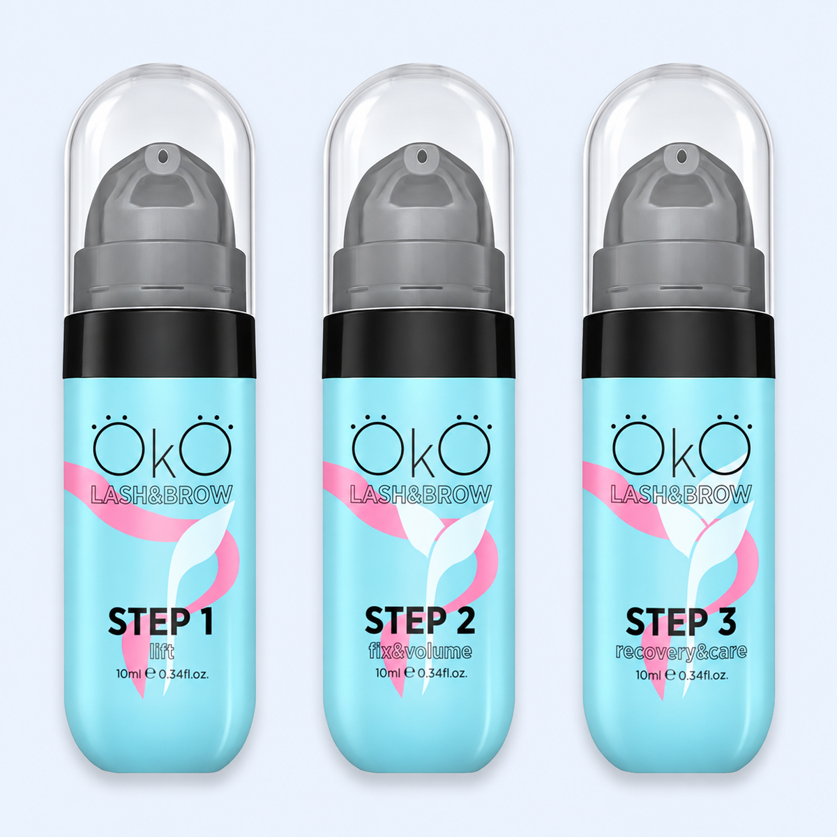 OKO Individuais Lash&Brow 10ml — conjunto dos três passos de laminação em fotografia melhorada para ecommerce