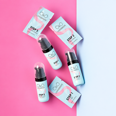 OKO Individuais Lash&Brow 10ml — frascos e caixas dos três passos em fotografia melhorada para ecommerce