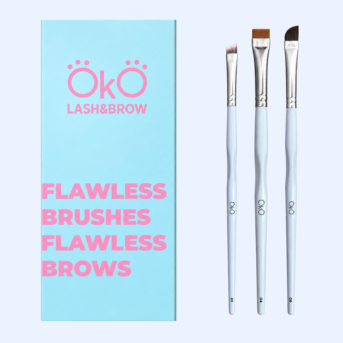 Kit de pincéis OKO Flawless Brushes Flawless Brows com caixa e três pincéis em fotografia melhorada para ecommerce