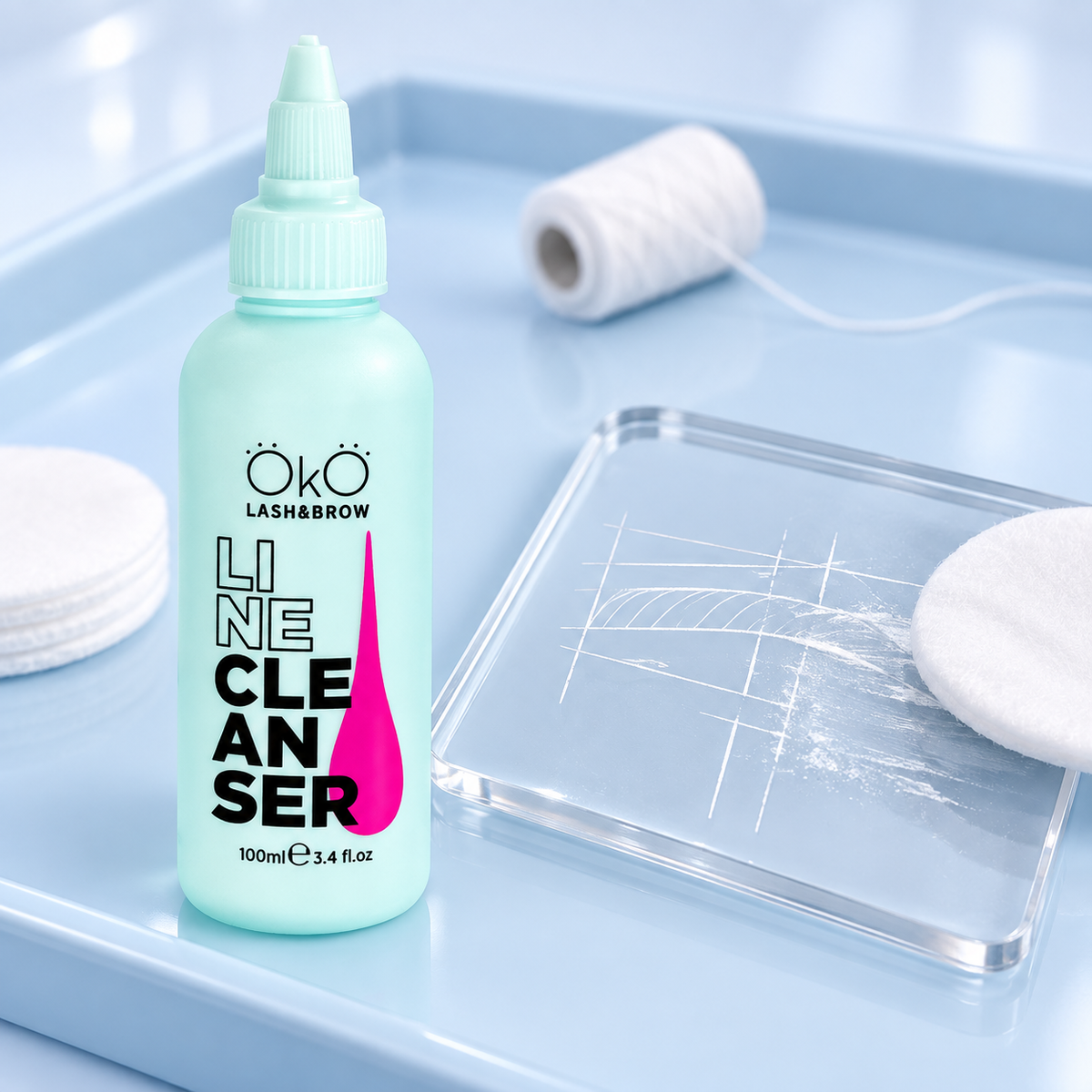 OKO Solução de Limpeza Eyebrow Line — demonstração controlada numa paleta acrílica