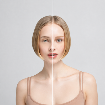 RefectoCil Descolorante de Sobrancelhas Blonde Brow — resultado antes e depois da descoloração de sobrancelhas numa composição quadrada baseada na fotografia oficial; SKU PROD.60