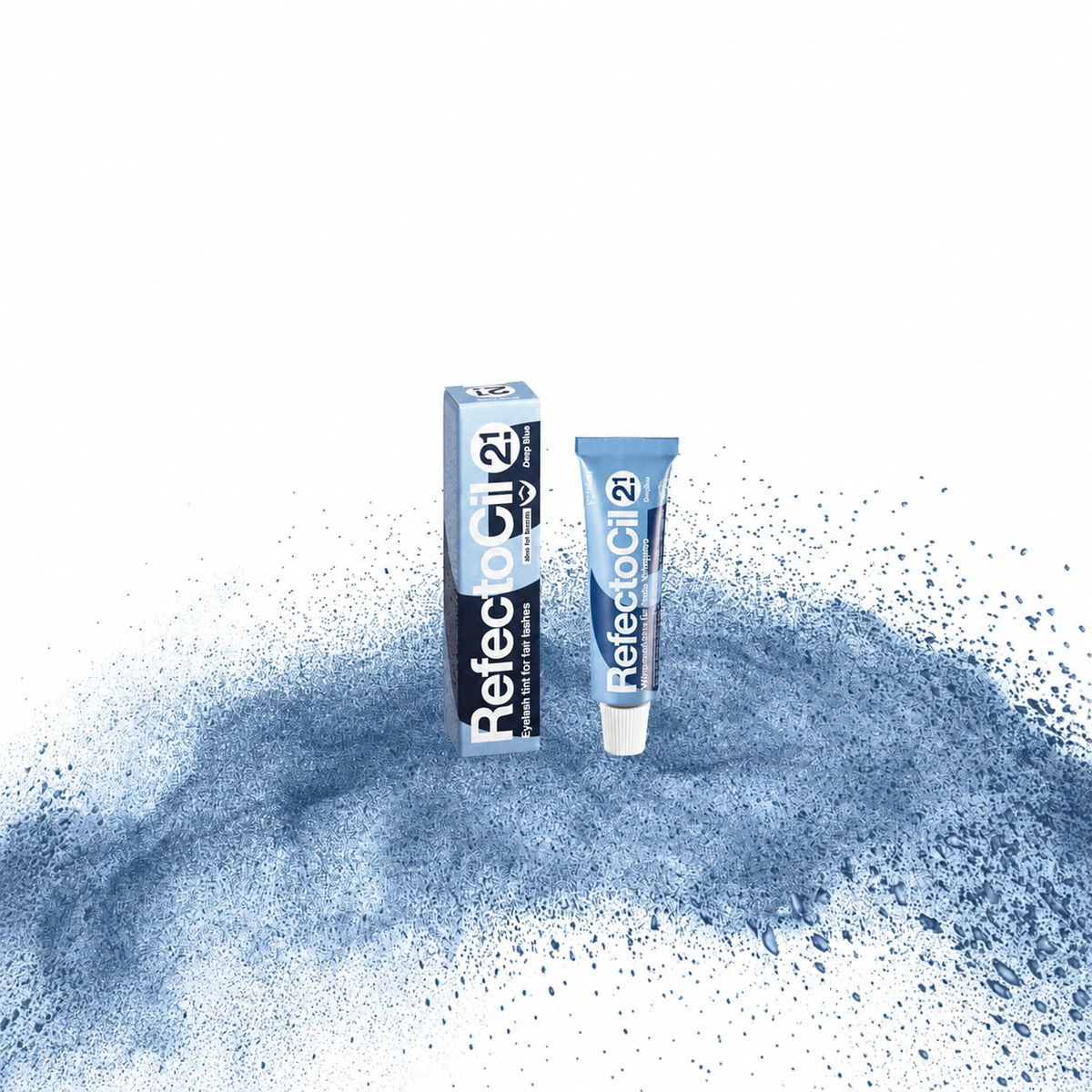 RefectoCil Tinta Nº 2,1 Deep Blue — tubo e caixa apresentados sobre pigmento azul profundo numa composição quadrada baseada na fotografia oficial; SKU 057212