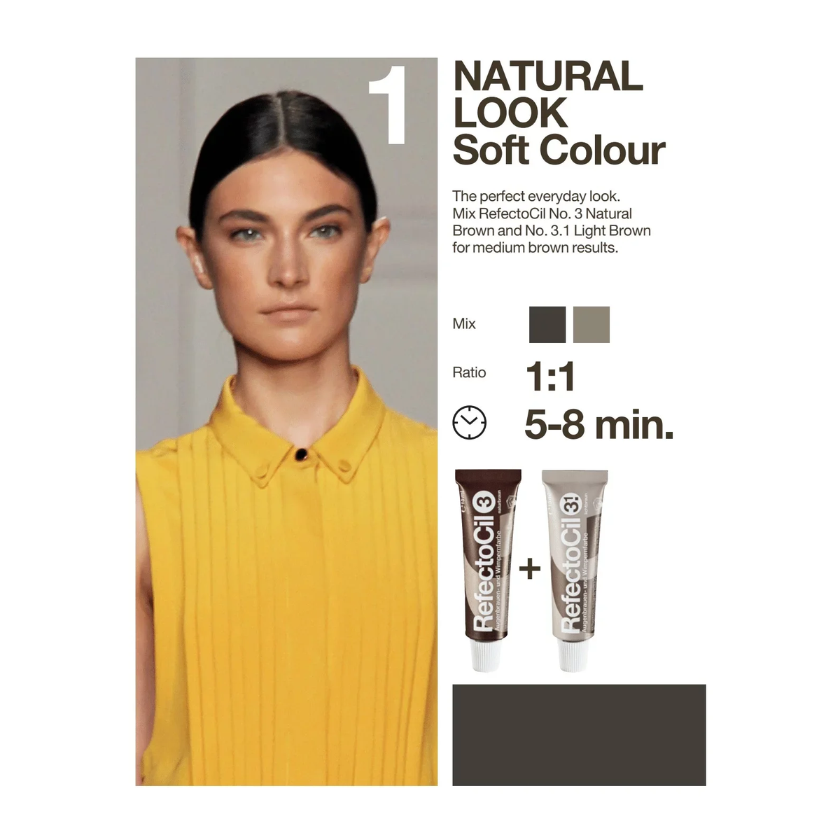 RefectoCil Tinta Nº 3 Natural Brown — ficha oficial de mistura Natural Look Soft Colour preservada numa tela quadrada branca; SKU PROD.5
