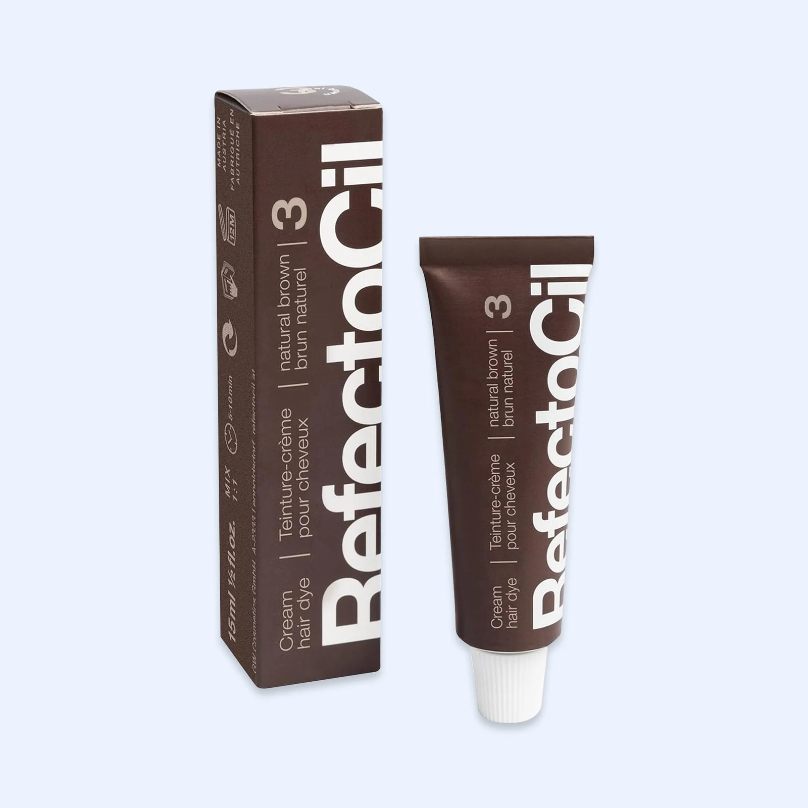 RefectoCil Tinta Nº 3 Natural Brown — tubo e caixa na cor Natural Brown; SKU PROD.5