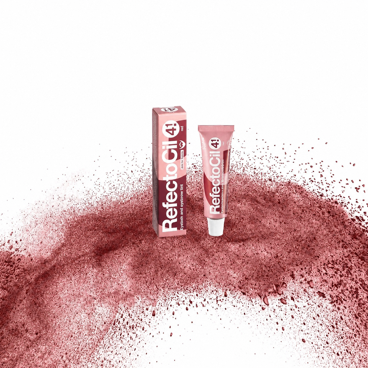 RefectoCil Tinta Nº 4,1 Red — tubo e caixa apresentados sobre pigmento vermelho numa composição quadrada baseada na fotografia oficial; SKU PROD.8