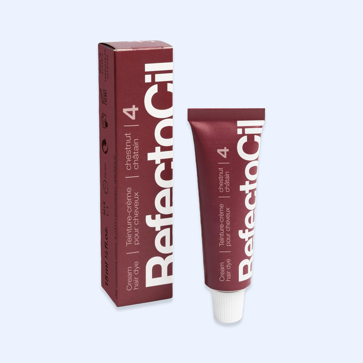 RefectoCil Tinta Nº 4 Chestnut — tubo e caixa na cor Chestnut; SKU PROD.7