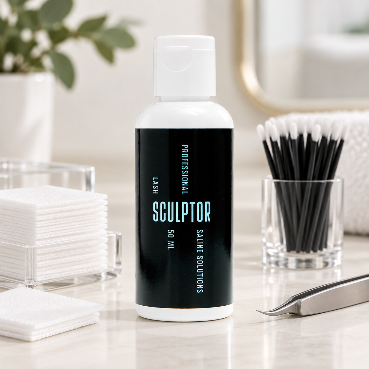 Solução Salina Sculptor de 50 ml numa estação profissional de preparação de pestanas