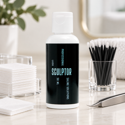 Solução Salina Sculptor de 50 ml numa estação profissional de preparação de pestanas