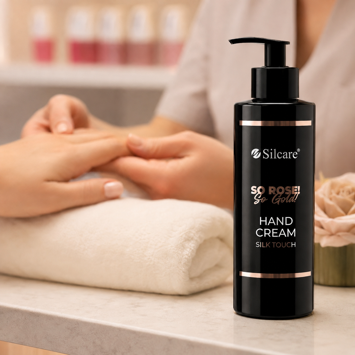 Silcare Silk Touch 240 ml num ambiente de cuidado profissional das mãos