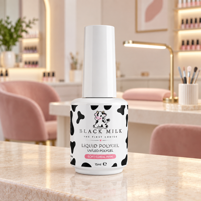Liquid Polygel Soft Coral Pink Black Milk, ambiente de salão