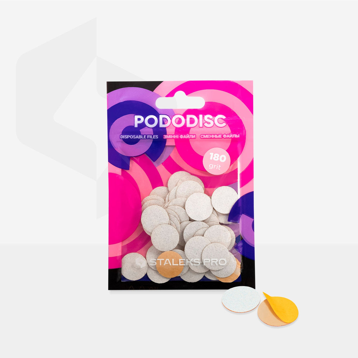 Limas Descartáveis 180 grit para PODODISC S EXPERT 15 mm Staleks — embalagem ou vista oficial complementar; SKU PDF-15-180w